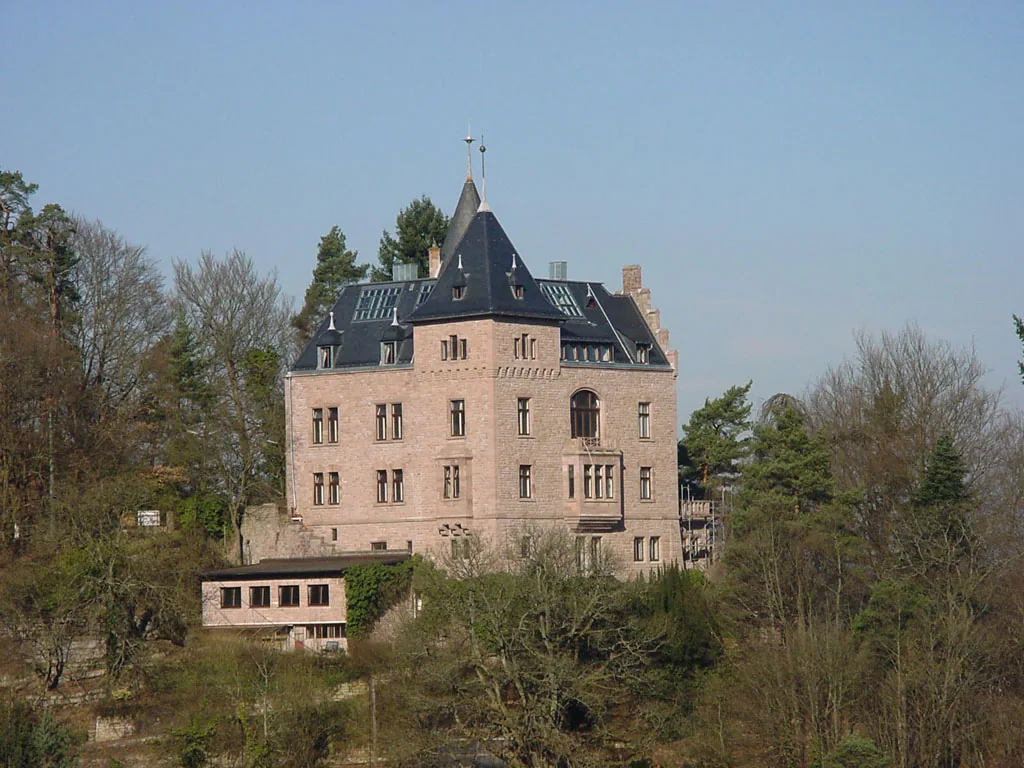 Villa Stroh mit Turm zwischen den Bäumen des Parks